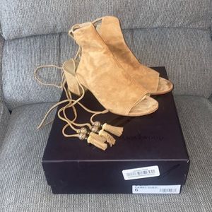Brian Atwood Bali half open toe bootie in camel suede size 6